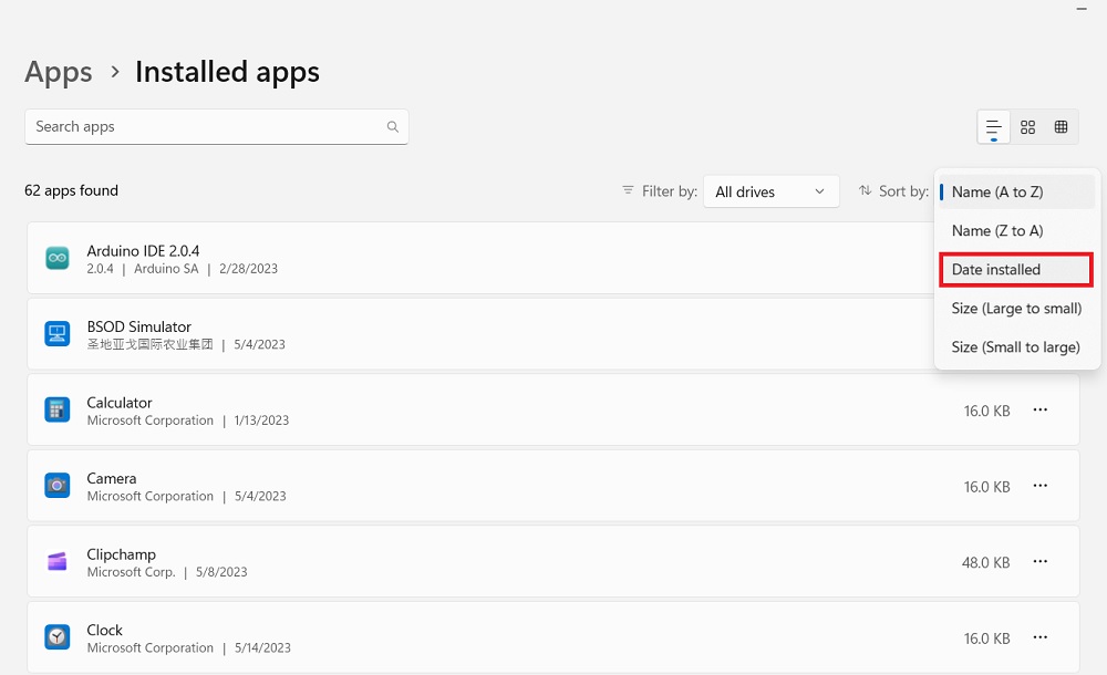 Filtering installed apps by the dates when they were installed. 
