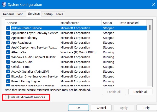 Check Hide All Microsoft Services in System Configuration. 