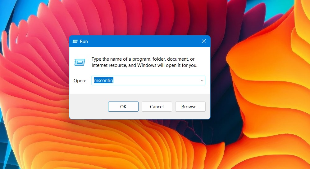 MSConfig typed in Run command.