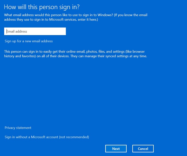 Creating new user account screen and instructions.