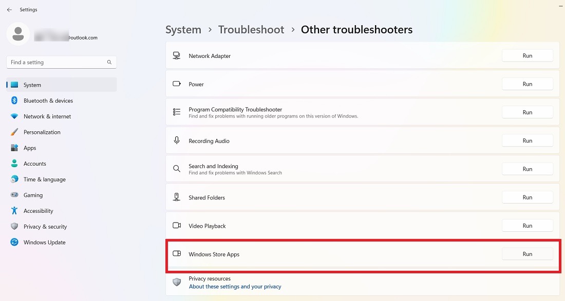 Click Run next to Windows Store Apps in Other Troubleshooters. 