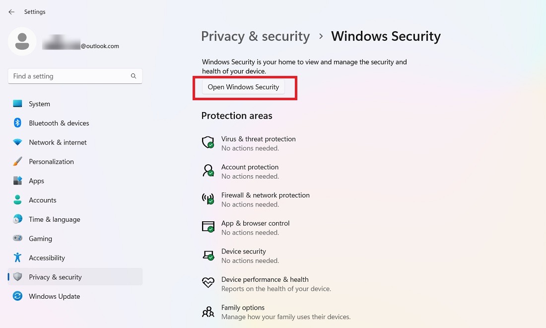 Open Windows Security under Windows Security settings. 