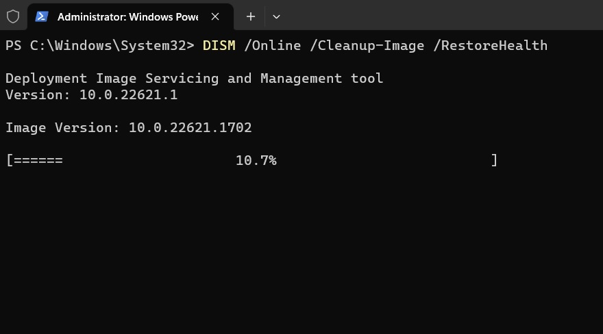 DISM restore health process undergoing in PowerShell admin mode. 