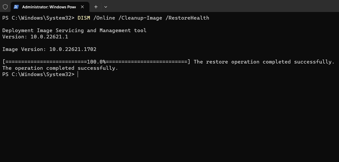 DISM restore operation completed successfully in PowerShell Admin mode. 