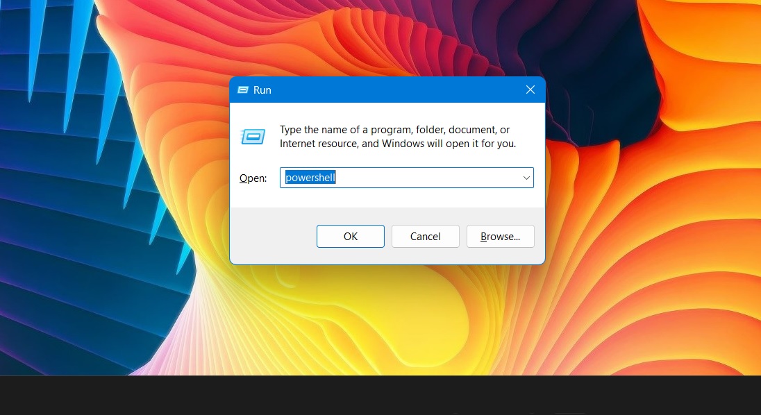 Typing powershell in Run command when Taskbar icons are missing. 