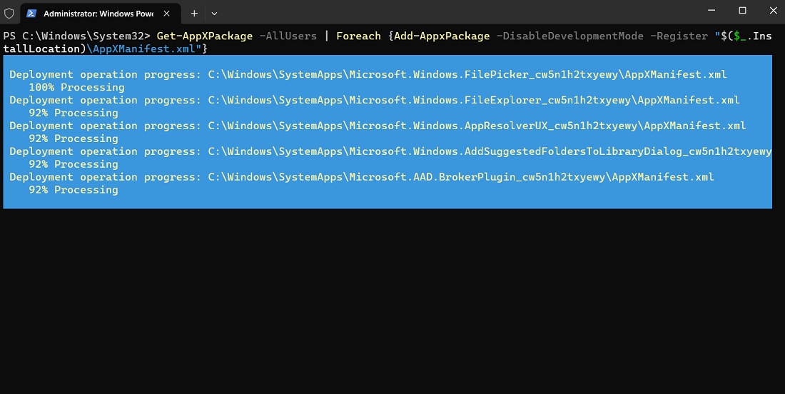 GetAppx Command to reinstall all packages in Windows.