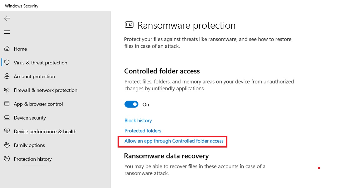 Allow an app through controlled folder access in Ransomware protection of Windows Security. 