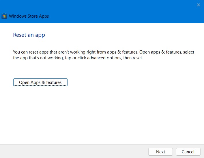Reset app option in Windows Store Apps Troubleshooter. 
