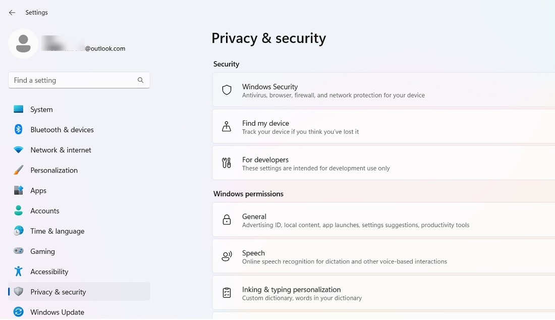 Open Windows Security under Privacy & Security in Settings. 