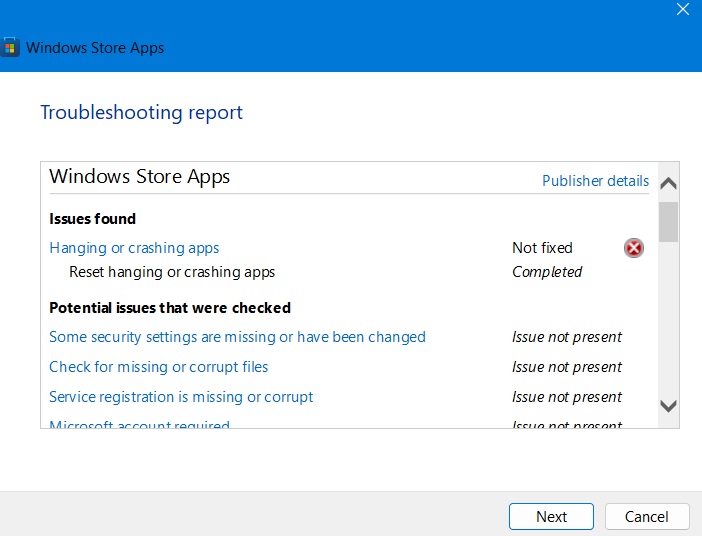 Windows Store Apps Troubleshooting gives problems and issues details. 