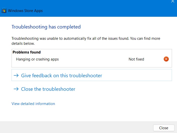 Windows Store Apps Troubleshooting completed and problems found. 