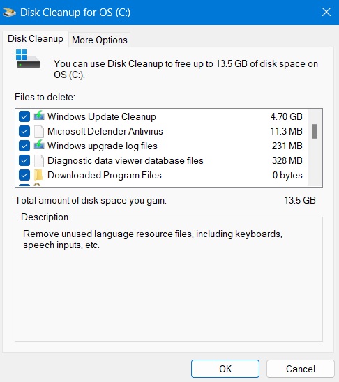 Disk cleanup for system files.