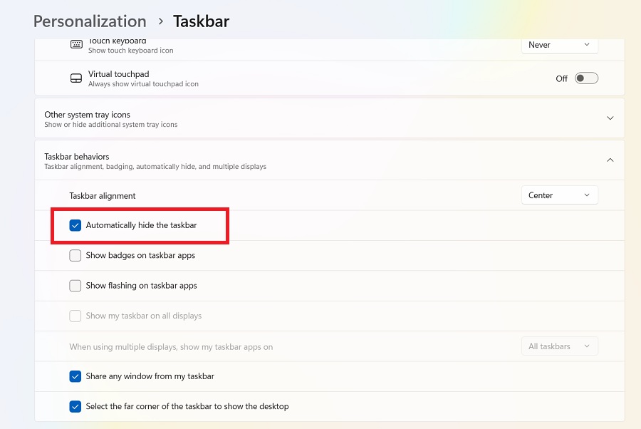 Uncheck automatically hide the taskbar in Personalization of Taskbar behaviors. 