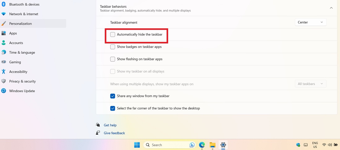 Uncheck automatically hide the taskbar makes taskbar visible in Windows.