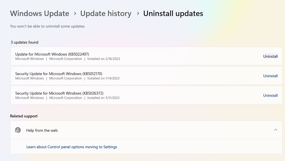 Uninstall updates list in Update history. 