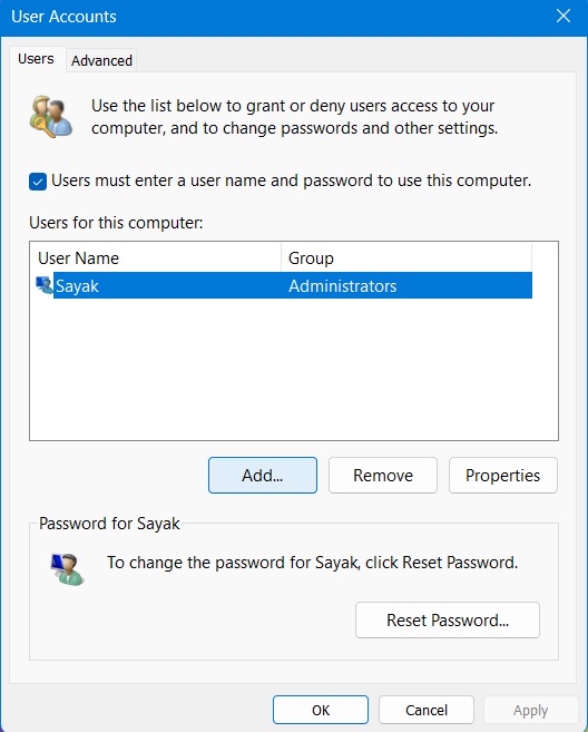 Click Add in User Accounts section to add new username.