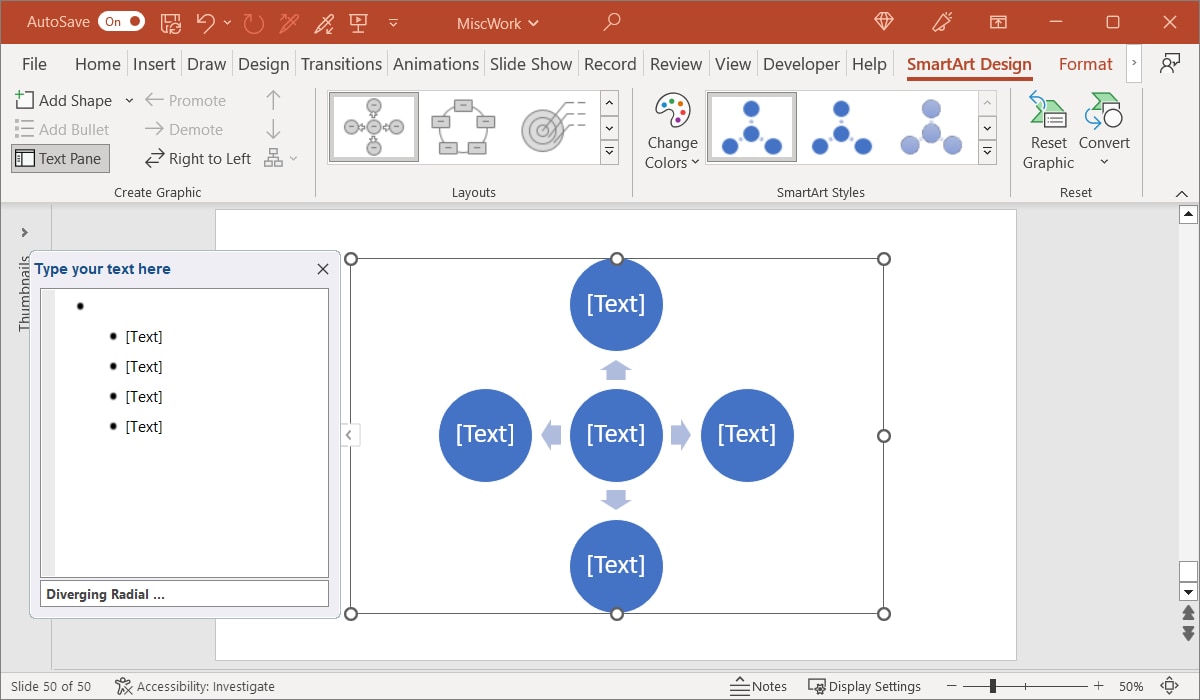 Text Pane and placeholders for a Diverging Radial diagram