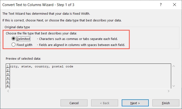 Text To Columns Wizard step 1