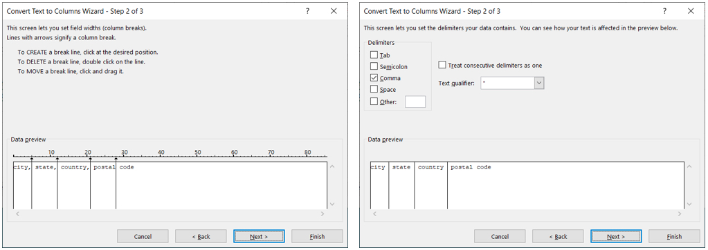 Text To Columns Wizard step 2