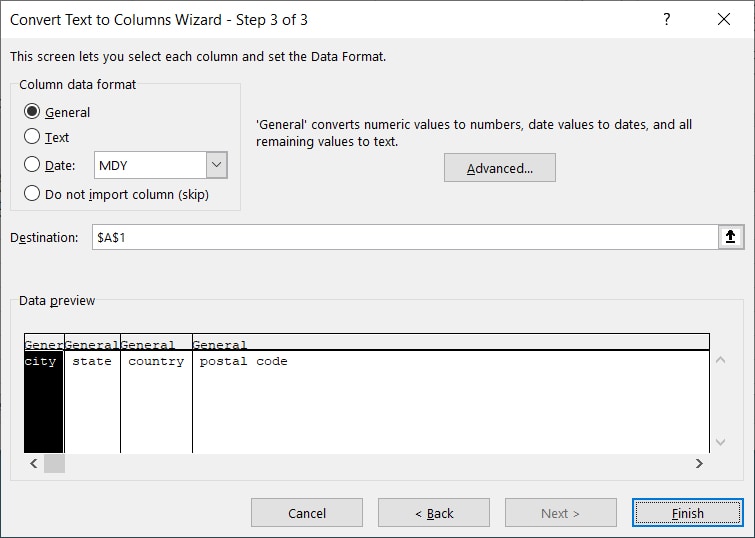 Text To Columns Wizard step 3