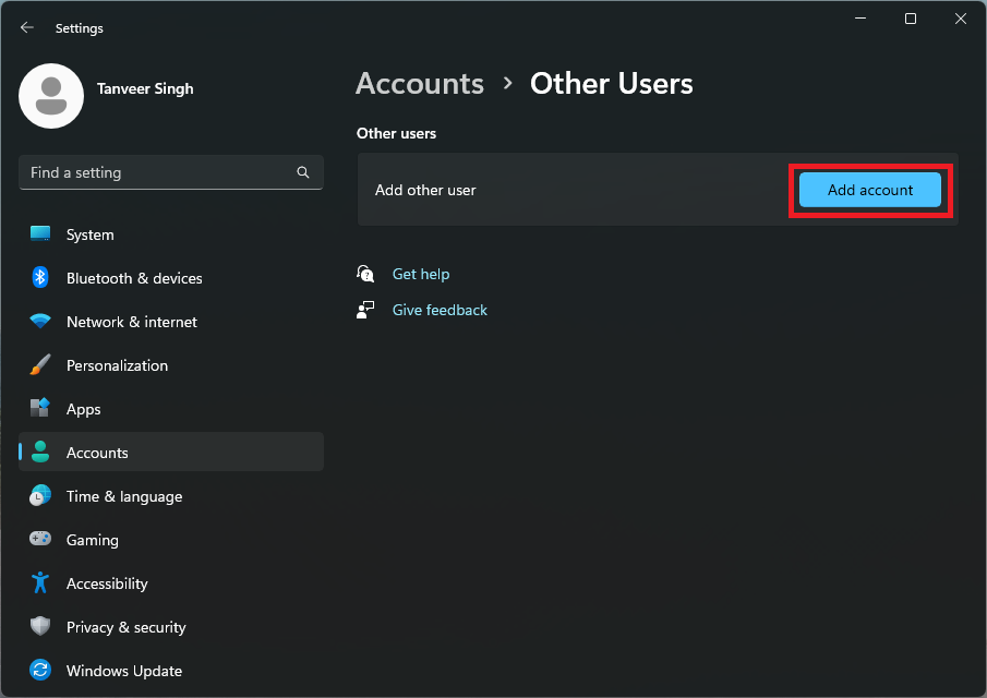 Clicking on "Add account" button under "Other Users."