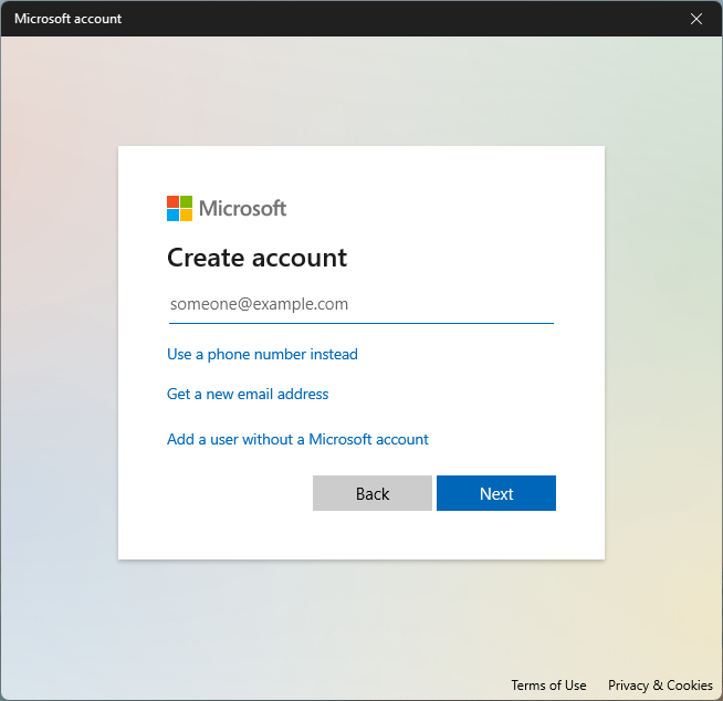 Clicking on "Add a user without a Microsoft account."