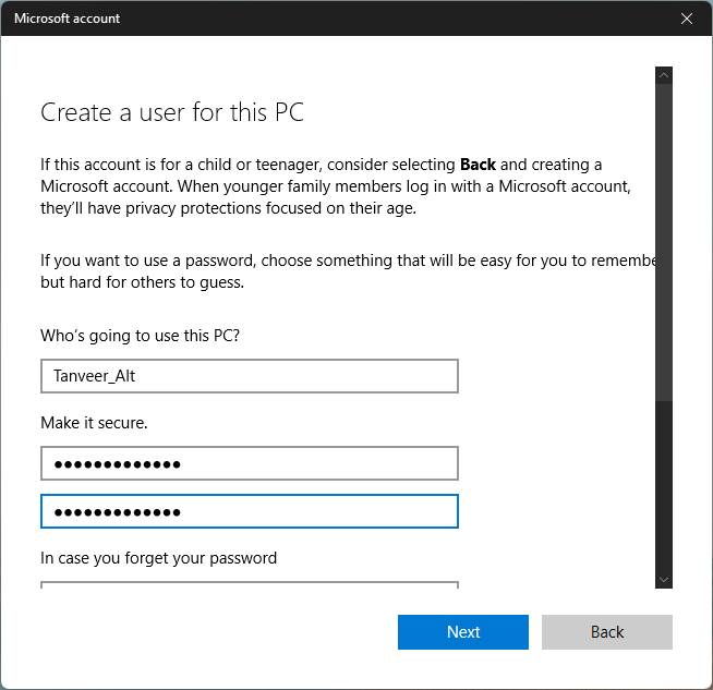 Creating an ID and password for non-Microsoft account. 