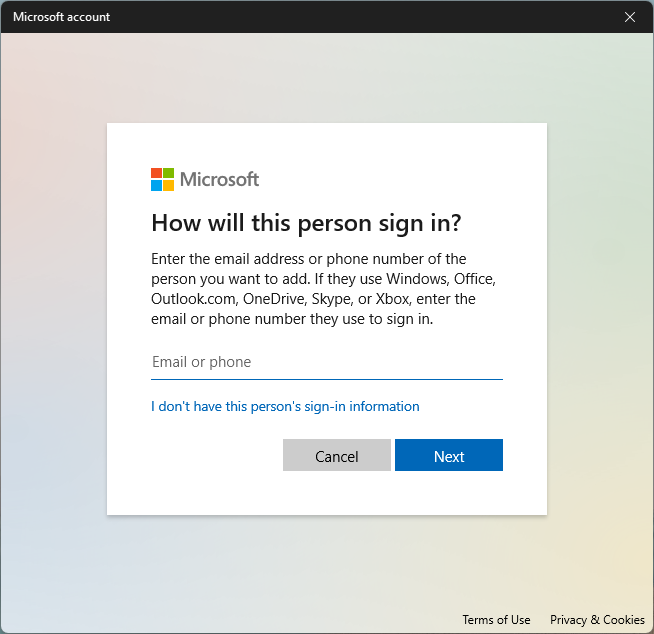 Selecting " I don't have this person's sign-in information" option in Microsoft account window. 