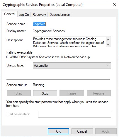 Selecting the "Automatic" option from "Startup type" in Properties for Cryptographic Services. 