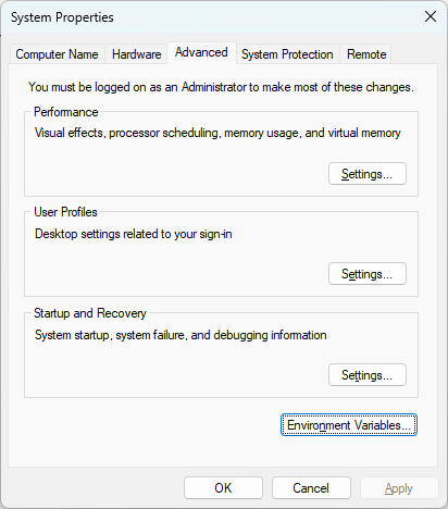 Clicking the "Environment Variables" button in System Properties window. 