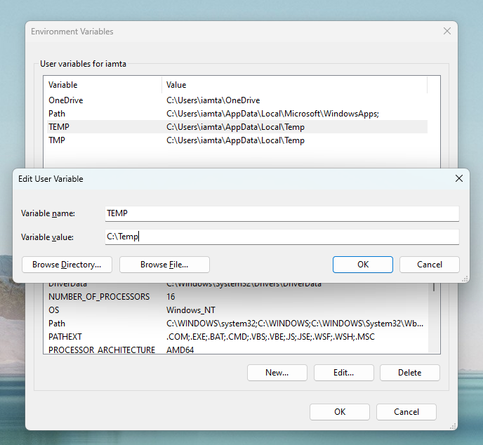 Double clicking on TEMP variable in Environment Variables window. 
