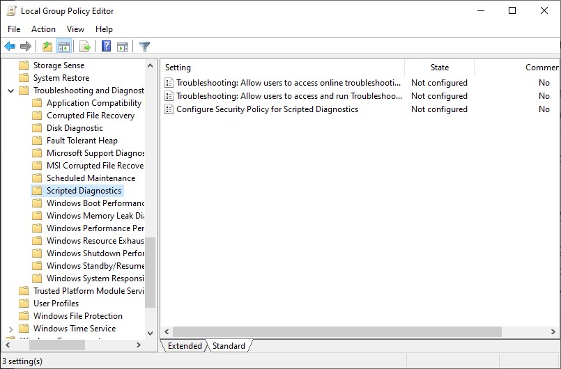 Accessing "Scripted Diagnostics" folder in Group Policy Editor. 