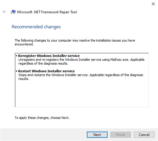 Recommended changes view in .NET Framework Repair tool. 