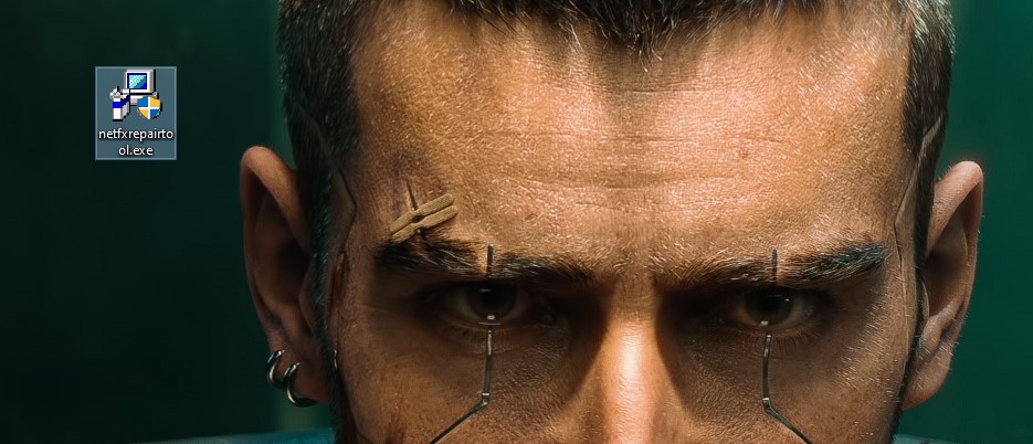 Netfxrepairtool.exe visible on desktop. 