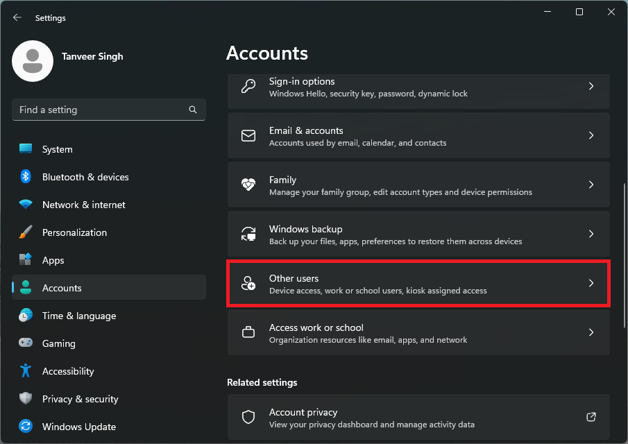 Accessing "Other users" from Accounts in Settings. 