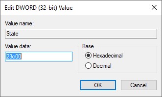 Changing the value data of "State" key in Registry Editor. 