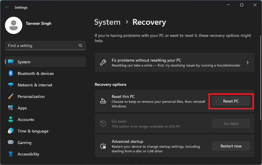 Clicking the "Reset PC" button from Recovery in Windows Settings. 