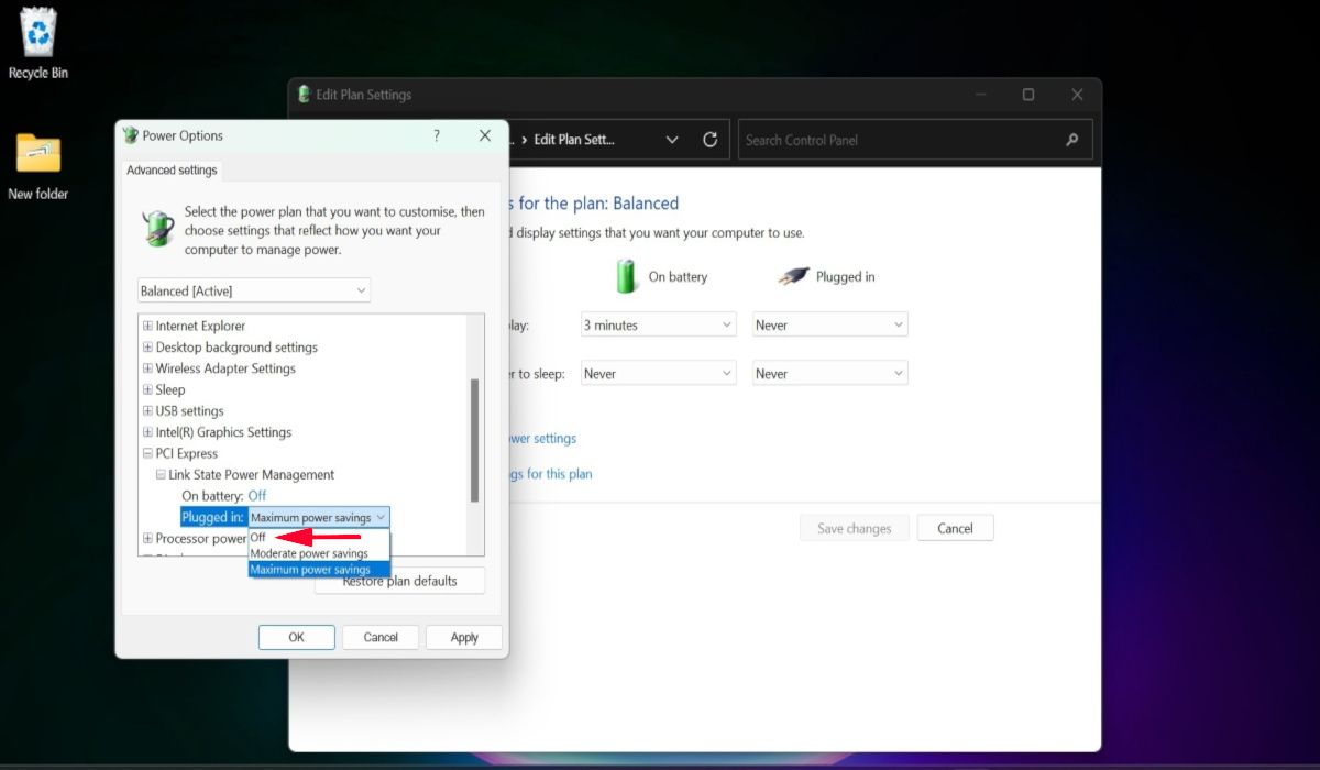 Turning off "On battery" and "Plugged-in" option under PCI Express in Power Options.