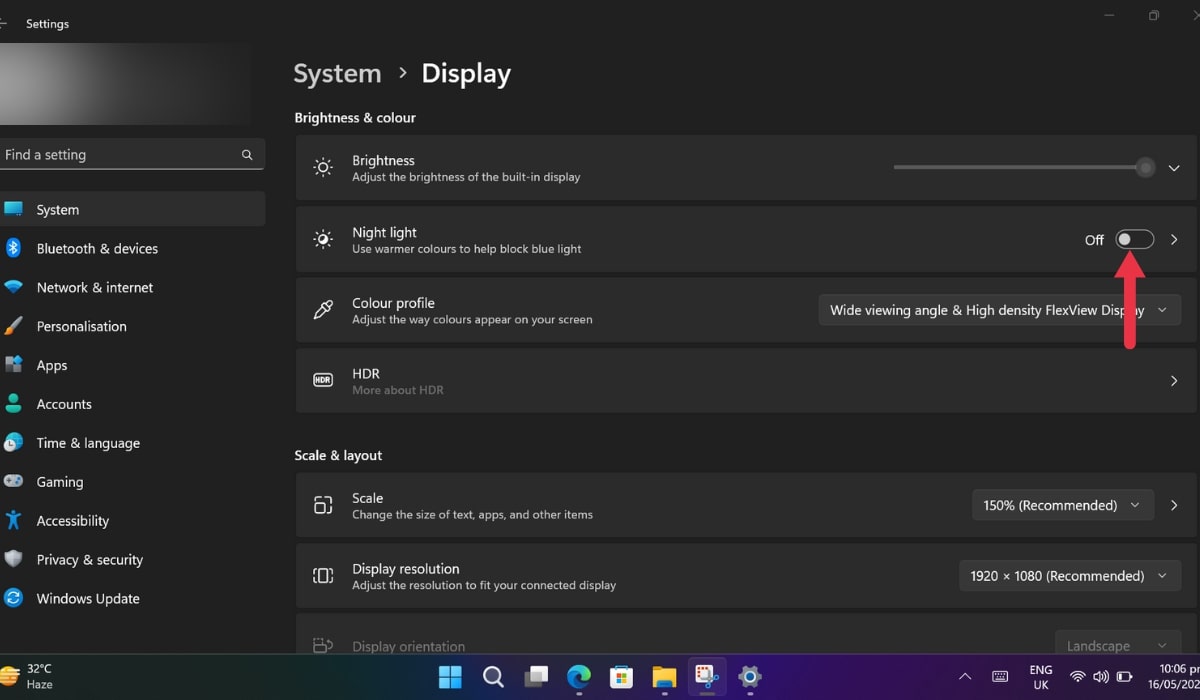 Enabling "Night light" option in Display settings.