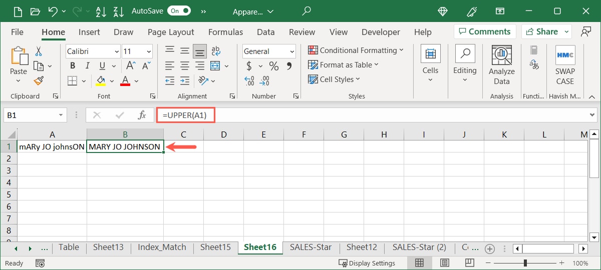 Upper function in Excel