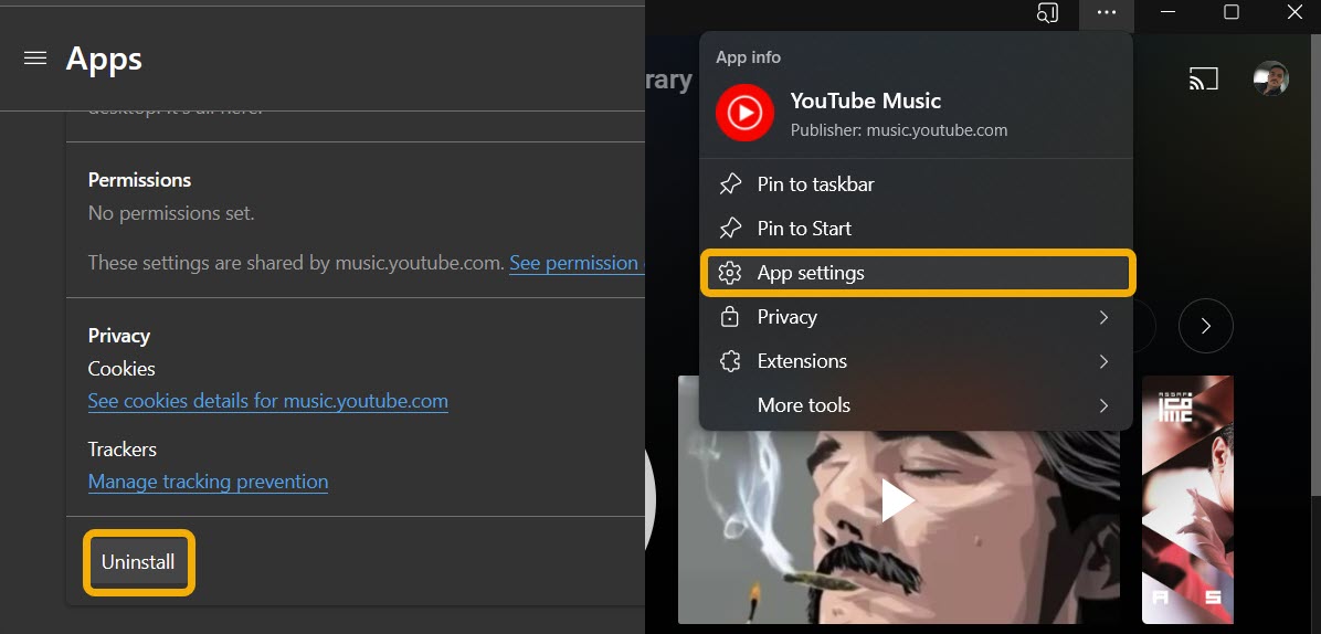 Uninstalling YouTube Music app if you installed it with Microsoft Edge. 