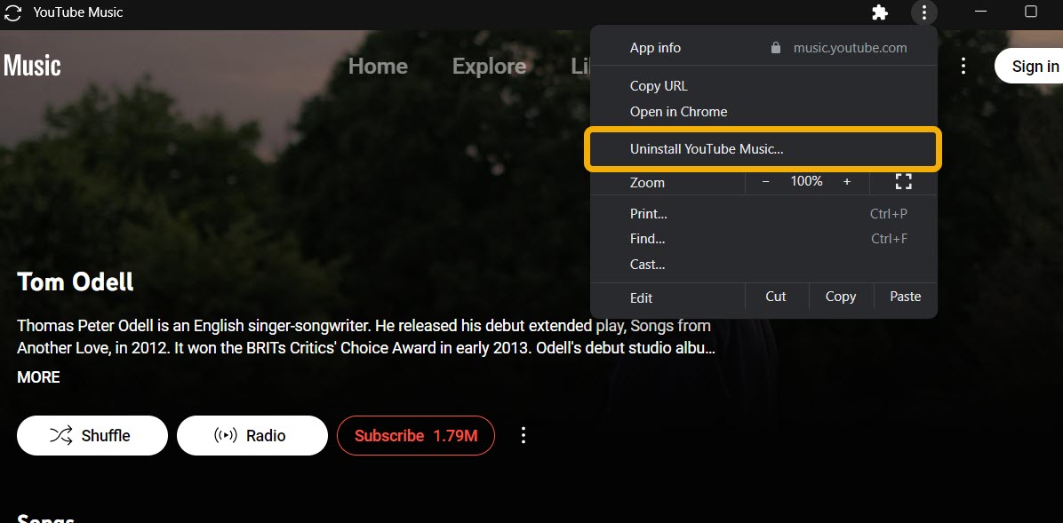 Uninstalling YouTube Music (created with Chrome) from the app itself. 