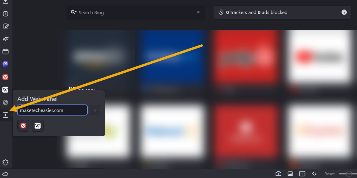 Clicking the "+" button in Vivaldi browser.
