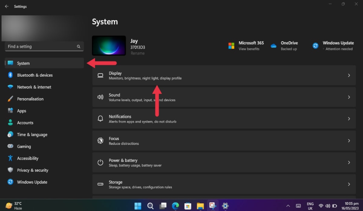 Accessing "Display" section under System in Settings app.