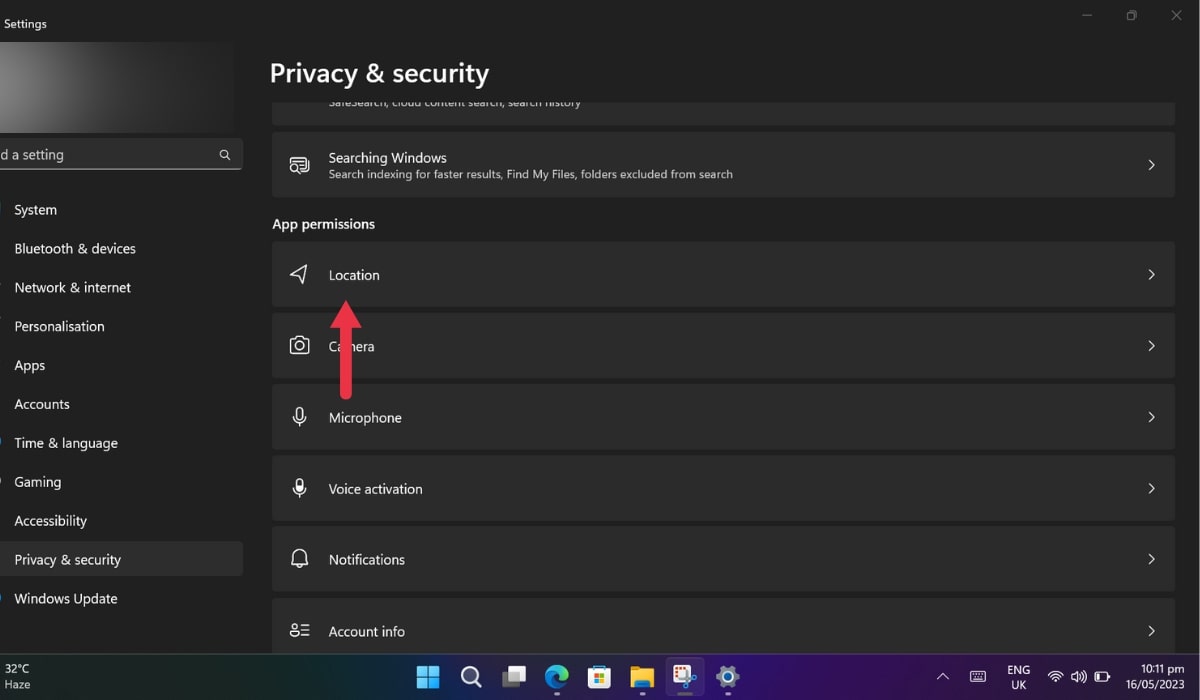 Clicking on "Location" option under "App permissions."