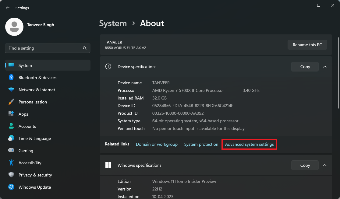 Clicking "Advanced system settings" under "Device specifications."