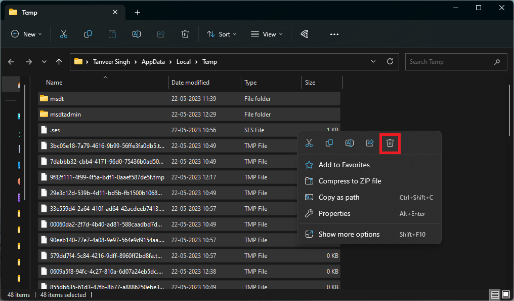Deleting temporary files.
