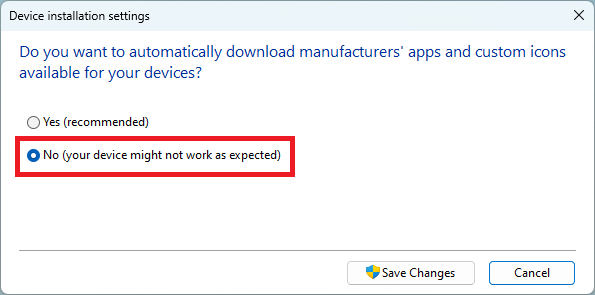 Clicking "No" option in "Device installation settings" window.