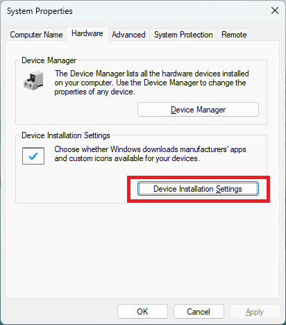 Clicking "Device Installation Settings" in System Properties window.