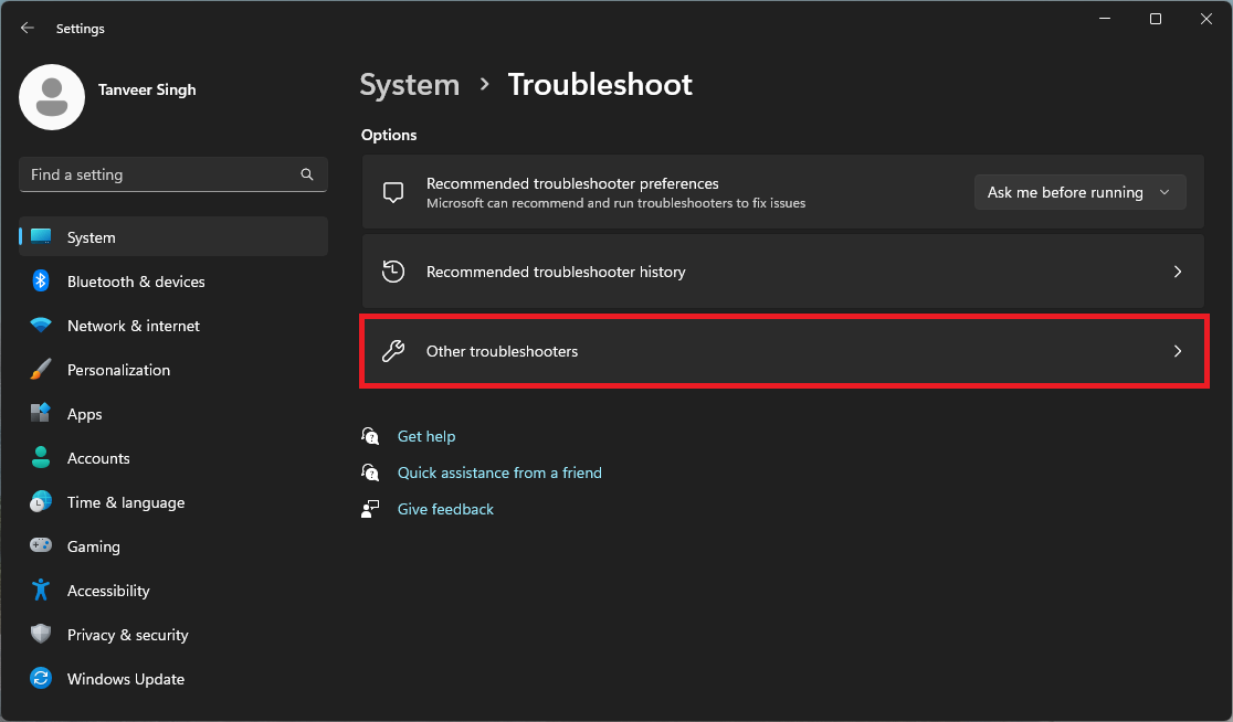 Selecting "Other troubleshooters" option.
